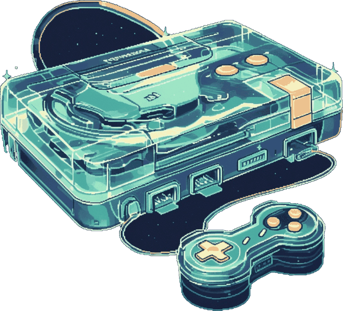 Transparent-shell 8-bit console with controller